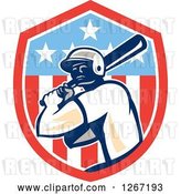 Vector Clip Art of Retro Cartoon Male Baseball Player Batting Inside an American Flag Shield by Patrimonio