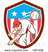 Vector Clip Art of Retro Cartoon Male Baseball Player Pitching in an American Themed Shield by Patrimonio