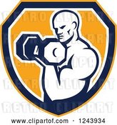 Vector Clip Art of Retro Cartoon Male Bodybuilder Doing Bicep Curls with a Dumbbell over a Shield by Patrimonio