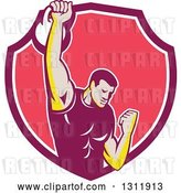 Vector Clip Art of Retro Cartoon Male Bodybuilder Lifting a Kettlebell and Emerging from a Pink and White Shield by Patrimonio