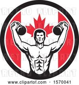 Vector Clip Art of Retro Cartoon Male Bodybuilder Working out with Kettlebells in a Canadian Flag Circle by Patrimonio