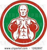 Vector Clip Art of Retro Cartoon Male Bodybuilder Working out with Kettlebells in a Red White and Green Circle by Patrimonio