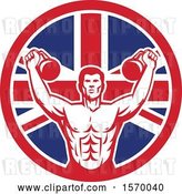 Vector Clip Art of Retro Cartoon Male Bodybuilder Working out with Kettlebells in a Union Jack Flag Circle by Patrimonio