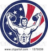 Vector Clip Art of Retro Cartoon Male Bodybuilder Working out with Kettlebells in an American Flag Circle by Patrimonio