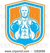 Vector Clip Art of Retro Cartoon Male Bodybuilder Working out with Kettlebells in an Orange White and Blue Shield by Patrimonio