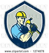 Vector Clip Art of Retro Cartoon Male Builder Construction Worker Holding a Hammer in a Gray Blue and White Shield by Patrimonio