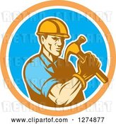 Vector Clip Art of Retro Cartoon Male Builder Construction Worker Holding a Hammer in an Orange White and Blue Circle by Patrimonio