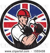 Vector Clip Art of Retro Cartoon Male Builder Construction Worker Holding a Union Jack Flag Circle by Patrimonio