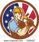 Vector Clip Art of Retro Cartoon Male Builder Construction Worker Holding an American Flag Circle by Patrimonio