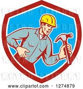 Vector Clip Art of Retro Cartoon Male Builder Shouting and Holding a Hammer in a Red White and Blue Shield by Patrimonio