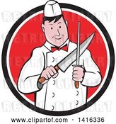 Vector Clip Art of Retro Cartoon Male Butcher Sharpening a Knife in a Black White and Red Circle by Patrimonio