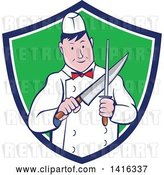 Vector Clip Art of Retro Cartoon Male Butcher Sharpening a Knife in a Blue White and Green Shield by Patrimonio