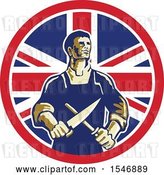 Vector Clip Art of Retro Cartoon Male Butcher Sharpening a Knife in a Union Jack Flag Circle by Patrimonio