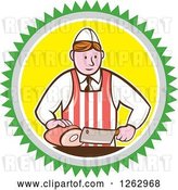 Vector Clip Art of Retro Cartoon Male Butcher Slicing Ham in a Green Gray White and Yellow Circle by Patrimonio