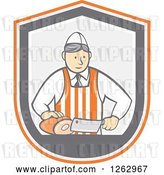 Vector Clip Art of Retro Cartoon Male Butcher Slicing Ham in an Orange White and Gray Shield by Patrimonio