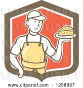 Vector Clip Art of Retro Cartoon Male Cheesemaker Holding a Parmesan Block in a Brown White and Red Shield by Patrimonio