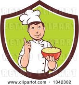 Vector Clip Art of Retro Cartoon Male Chef Holding a Hot Bowl of Soup in a Brown White and Green Shield by Patrimonio