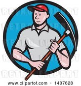 Vector Clip Art of Retro Cartoon Male Construction Worker Holding a Pickaxe and Emerging from a Black and Blue Circle by Patrimonio