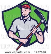 Vector Clip Art of Retro Cartoon Male Construction Worker Holding a Pickaxe and Emerging from a Green and Blue Shield by Patrimonio