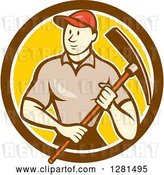 Vector Clip Art of Retro Cartoon Male Construction Worker Holding a Pickaxe in a Brown White and Yellow Circle by Patrimonio