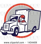 Vector Clip Art of Retro Cartoon Male Delivery Driver Giving a Thumb Up, over an Orange, White and Gray Circle by Patrimonio