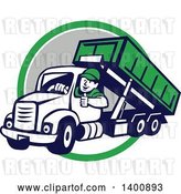 Vector Clip Art of Retro Cartoon Male Dump Truck Driver Giving a Thumb up over a Green White and Gray Circle by Patrimonio