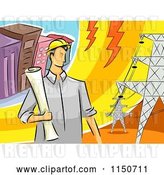 Vector Clip Art of Retro Cartoon Male Electrical Engineer by Transmission Towers by BNP Design Studio