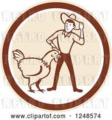 Vector Clip Art of Retro Cartoon Male Farmer and Giant Chicken in a Circle by Patrimonio