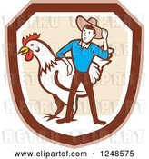 Vector Clip Art of Retro Cartoon Male Farmer and Giant Chicken in a Shield by Patrimonio