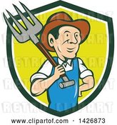 Vector Clip Art of Retro Cartoon Male Farmer or Worker Holding a Pitchfork over His Shoulder, Emerging from a Green, White and Yellow Shield by Patrimonio
