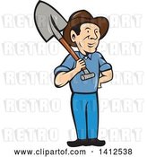 Vector Clip Art of Retro Cartoon Male Farmer Standing with One Hand on His Hip and a Shovel over His Shoulder by Patrimonio