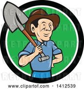 Vector Clip Art of Retro Cartoon Male Farmer Standing with One Hand on His Hip and a Shovel over His Shoulder, Emerging from a Black White and Green Circle by Patrimonio
