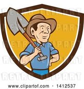 Vector Clip Art of Retro Cartoon Male Farmer Standing with One Hand on His Hip and a Shovel over His Shoulder, Emerging from a Brown White and Orange Shield by Patrimonio
