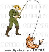 Vector Clip Art of Retro Cartoon Male Fisher Man Reeling in a Rainbow Trout by Patrimonio