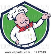 Vector Clip Art of Retro Cartoon Male French Chef Presenting in a Blue White and Green Crest by Patrimonio