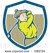 Vector Clip Art of Retro Cartoon Male Golfer Swinging a Club in a Blue White and Brown Shield by Patrimonio
