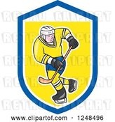 Vector Clip Art of Retro Cartoon Male Hockey Player in Blue and Yellow, in a Shield by Patrimonio