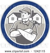 Vector Clip Art of Retro Cartoon Male Home Bulider in a Circle with Houses and a Hammer by Patrimonio