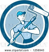 Vector Clip Art of Retro Cartoon Male House Painter with a Roller Brush in a Blue Circle by Patrimonio