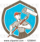Vector Clip Art of Retro Cartoon Male House Painter with a Roller Brush in a Brown White and Blue Shield by Patrimonio