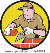 Vector Clip Art of Retro Cartoon Male Mason Worker Laying Bricks in a Black and Yellow Circle by Patrimonio
