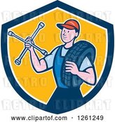 Vector Clip Art of Retro Cartoon Male Mechanic Holding a Socket Wrench and a Tire in a Blue White and Yellow Shield by Patrimonio