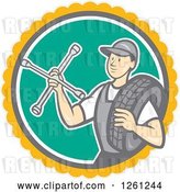 Vector Clip Art of Retro Cartoon Male Mechanic Holding a Socket Wrench and a Tire in a Circle by Patrimonio