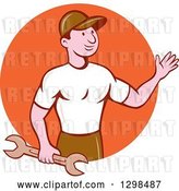 Vector Clip Art of Retro Cartoon Male Mechanic Holding a Wrench and Waving in an Orange Circle by Patrimonio