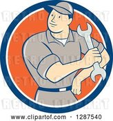 Vector Clip Art of Retro Cartoon Male Mechanic Holding a Wrench in a Blue White and Orange Circle by Patrimonio