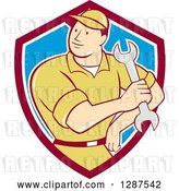 Vector Clip Art of Retro Cartoon Male Mechanic Holding a Wrench in a Maroon White and Blue Shield by Patrimonio