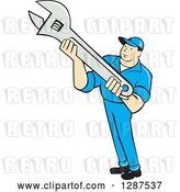 Vector Clip Art of Retro Cartoon Male Mechanic Holding an Adjustable Wrench by Patrimonio