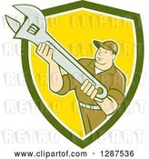 Vector Clip Art of Retro Cartoon Male Mechanic Holding an Adjustable Wrench in a Green White and Yellow Shield by Patrimonio