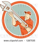Vector Clip Art of Retro Cartoon Male Mechanic Holding an Adjustable Wrench in an Orange White and Pastel Green Circle by Patrimonio