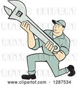 Vector Clip Art of Retro Cartoon Male Mechanic Kneeling and Holding an Adjustable Wrench by Patrimonio